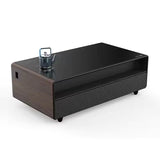 YMDA TB135 Smart Minibar Coffee Table with Built-In Wireless Charger, Fridge, Bluetooth Music System, And USB - Black wooden