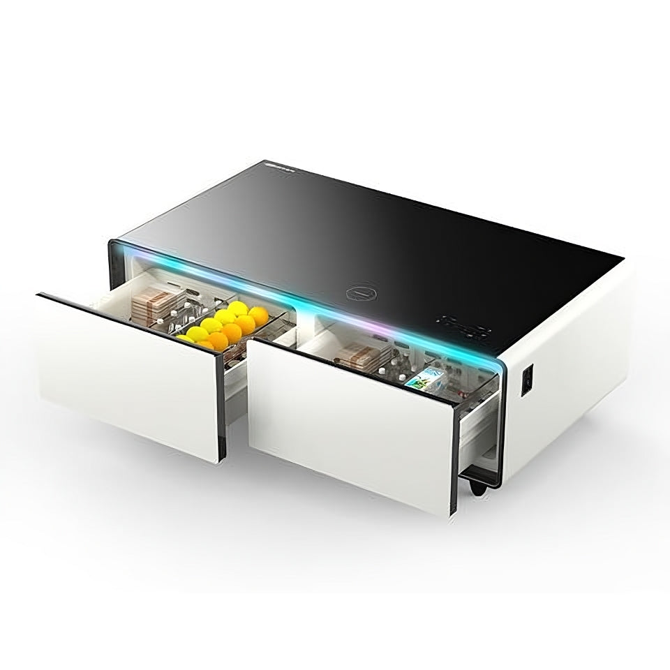 YMDA TB135 Smart Minibar Coffee Table with Built-In Wireless Charger, Fridge, Bluetooth Music System, And USB - White