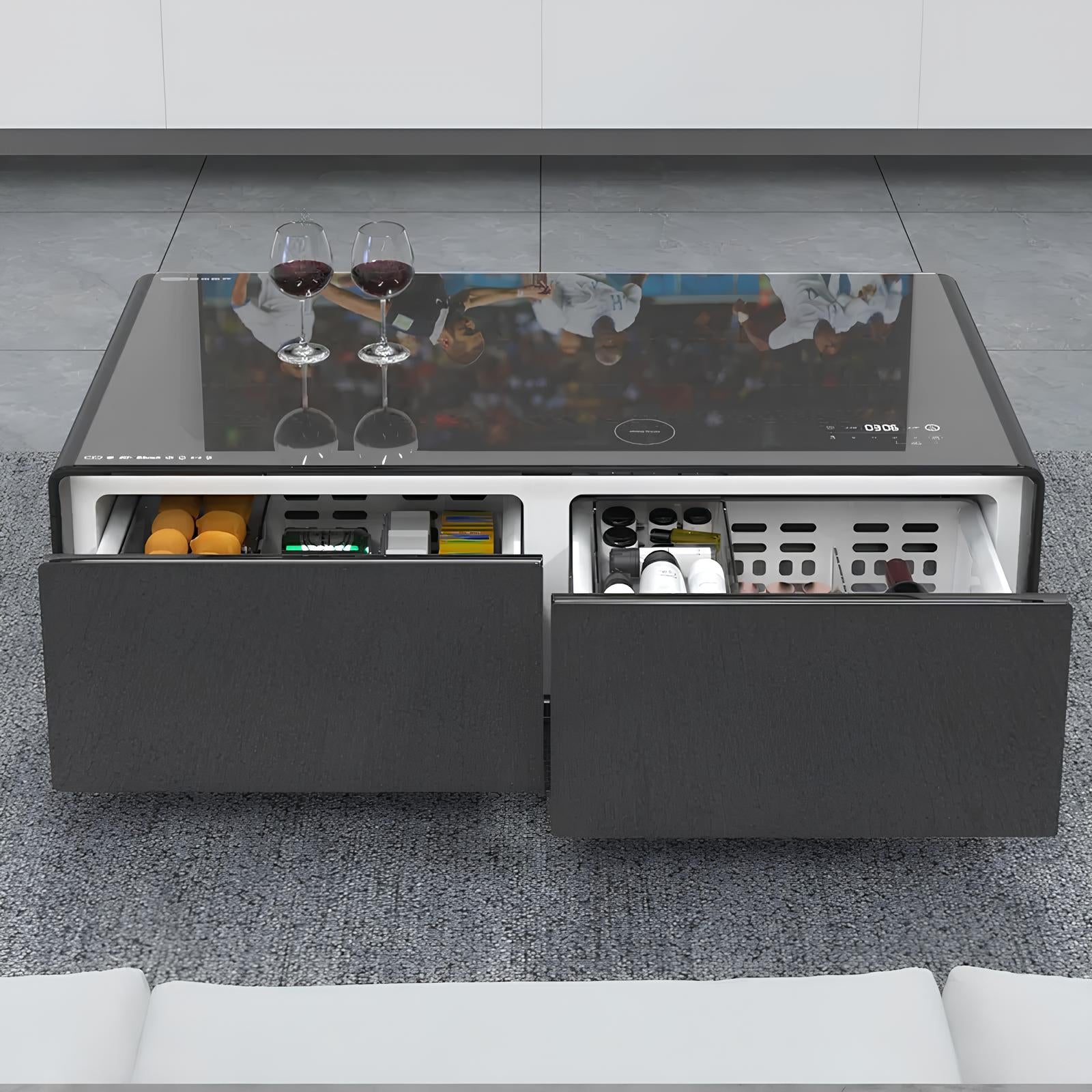 YMDA TB135 Smart Minibar Coffee Table with Built-In Wireless Charger, Fridge, Bluetooth Music System, And USB - Black