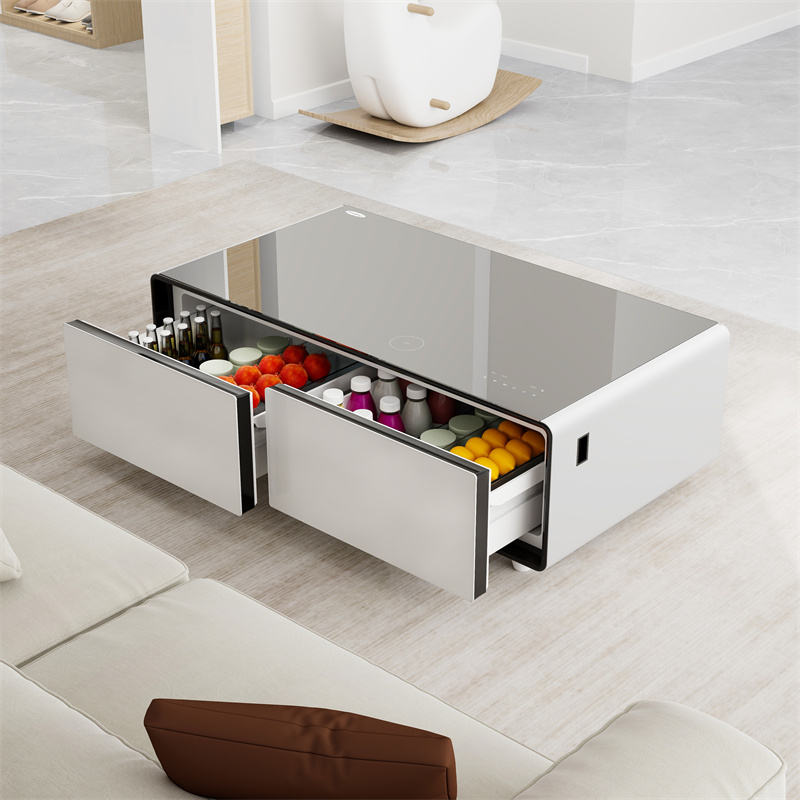 YMDA TB135 Smart Minibar Coffee Table with Built-In Wireless Charger, Fridge, Bluetooth Music System, And USB - White