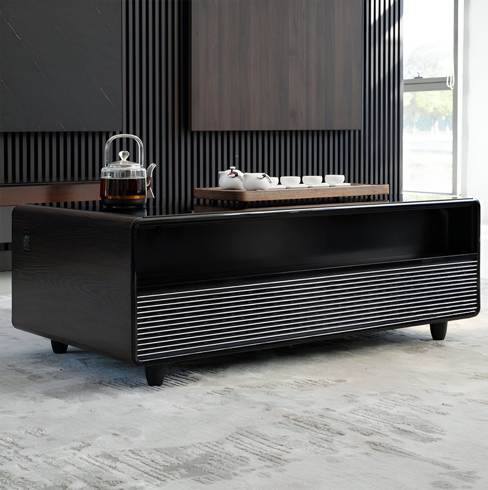 YMDA TB135 Smart Minibar Coffee Table with Built-In Wireless Charger, Fridge, Bluetooth Music System, And USB - Black