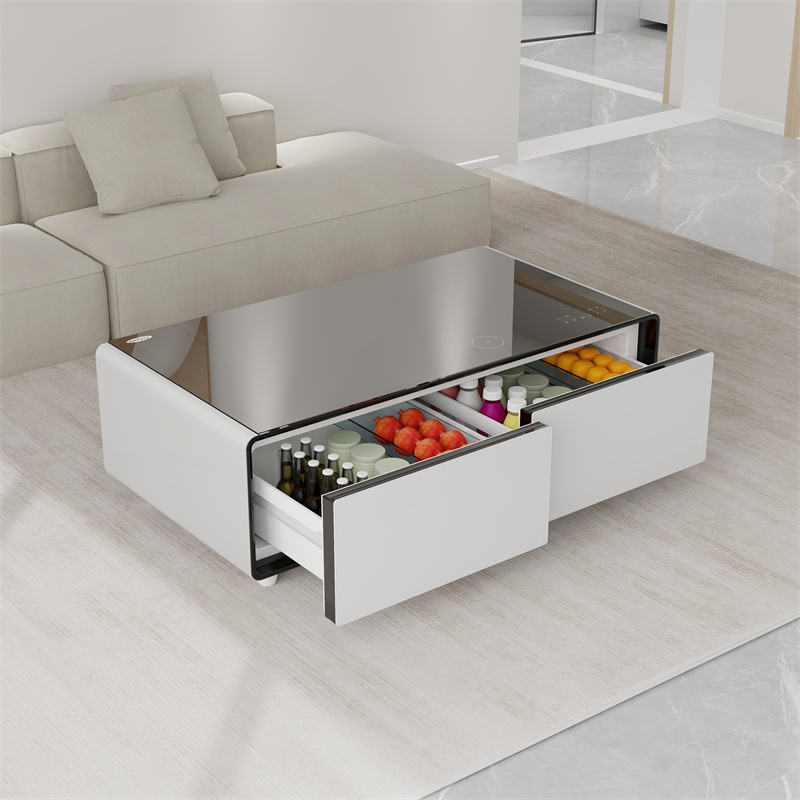 YMDA TB135 Smart Minibar Coffee Table with Built-In Wireless Charger, Fridge, Bluetooth Music System, And USB - White