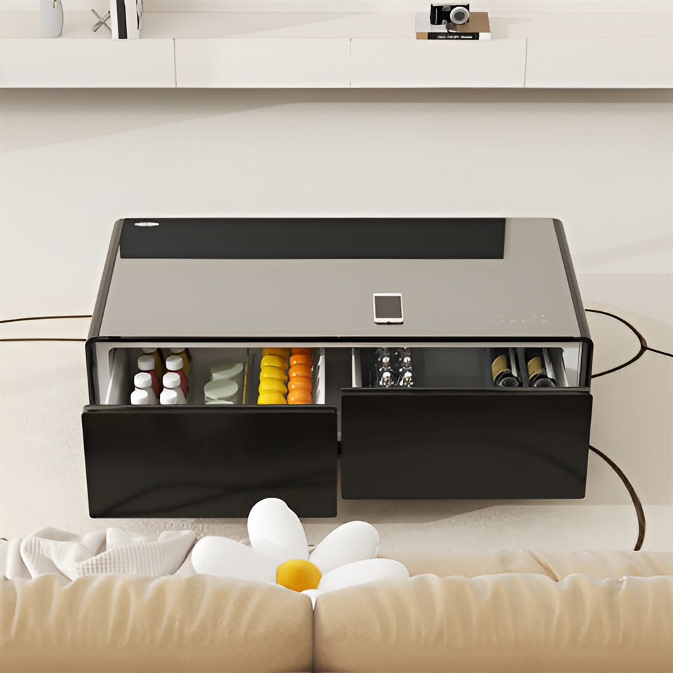 YMDA TB135 Smart Minibar Coffee Table with Built-In Wireless Charger, Fridge, Bluetooth Music System, And USB - Black