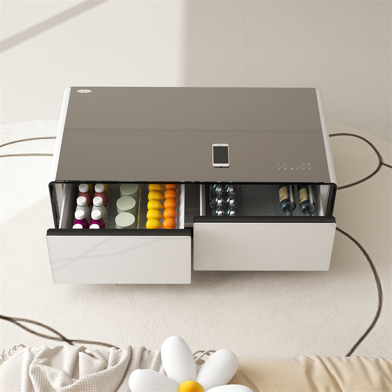 YMDA TB135 Smart Minibar Coffee Table with Built-In Wireless Charger, Fridge, Bluetooth Music System, And USB - White