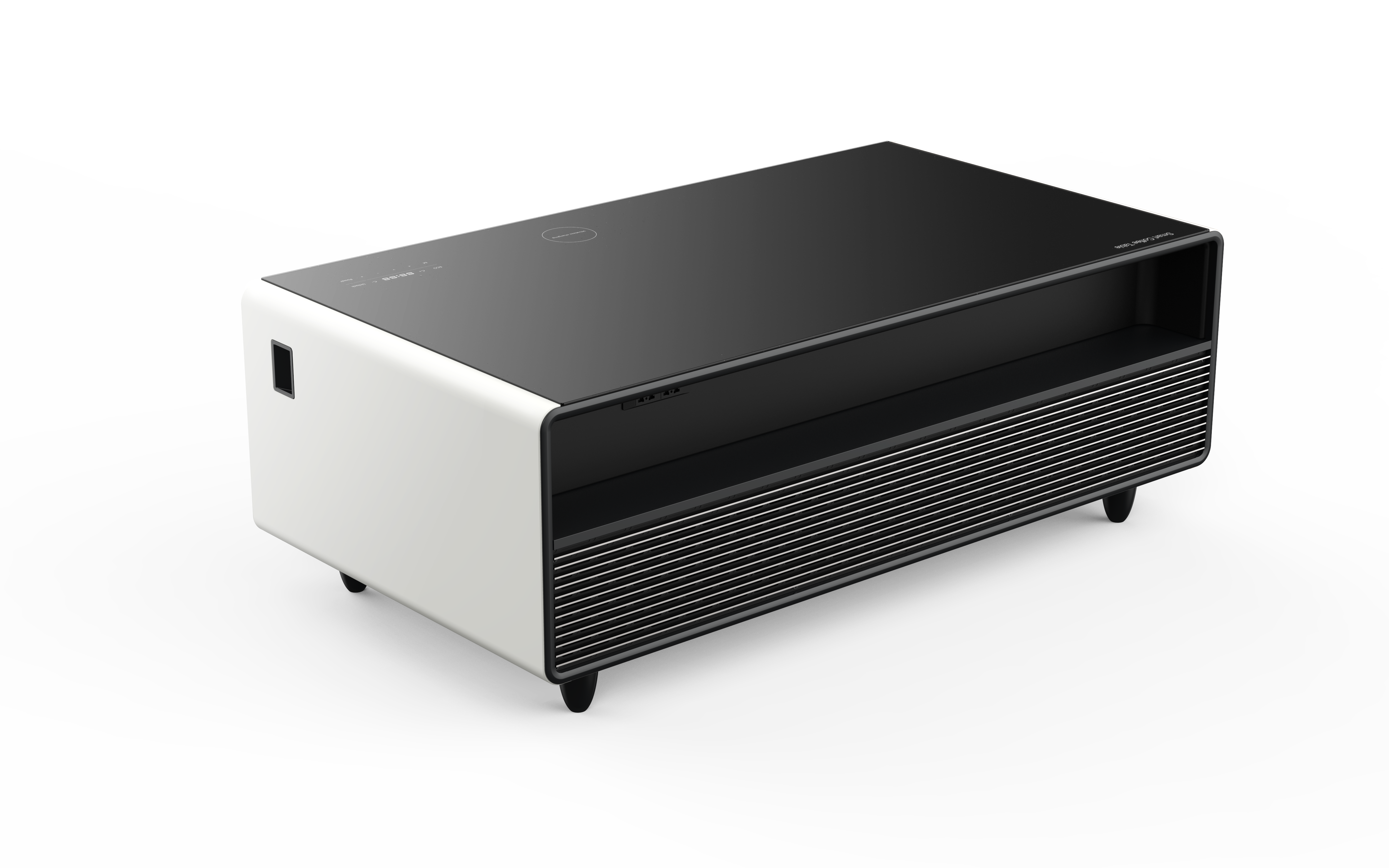 YMDA TB135 Smart Minibar Coffee Table with Built-In Wireless Charger, Fridge, Bluetooth Music System, And USB - White