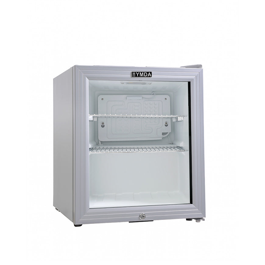 YMDA YCC60G Mini Glass Door Chiller 49L, Double Glass Temperature Control, Adjustable Shelves, LED Lighting, Lock Key Security, and 1-Year Warranty - Silver- ESMA Certified